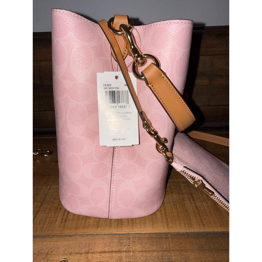 NWT Coach Bucket Bag Women's Medium Pink Signature Canvas Leather Crossbody - Picture 9 of 14